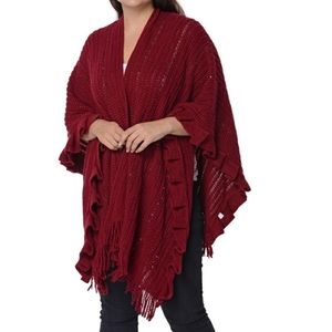 New Wine Acrylic Knit Poncho  with Sequence